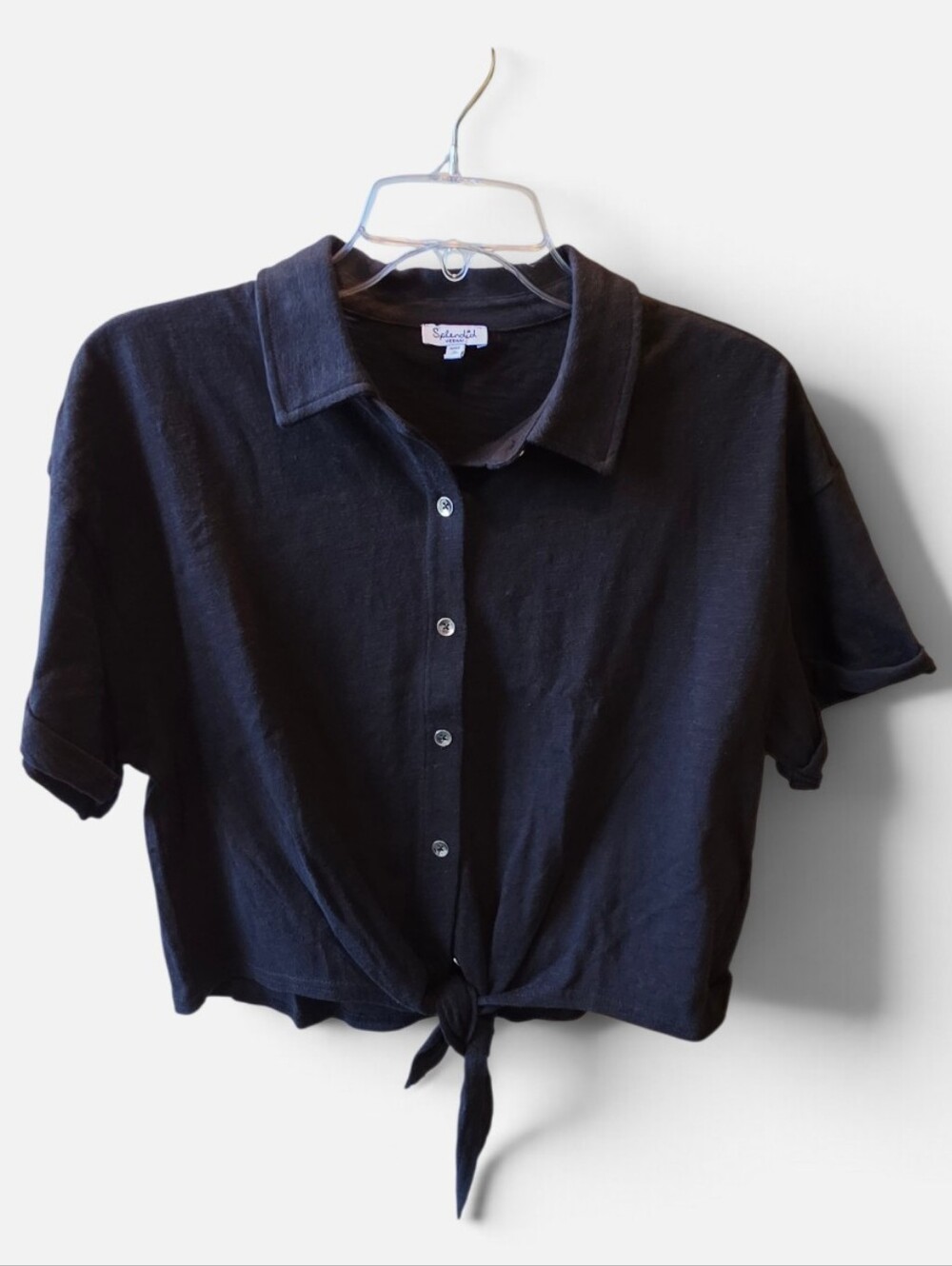Splendid Black Button-Front Tie-Waist Polo Cotton Top M